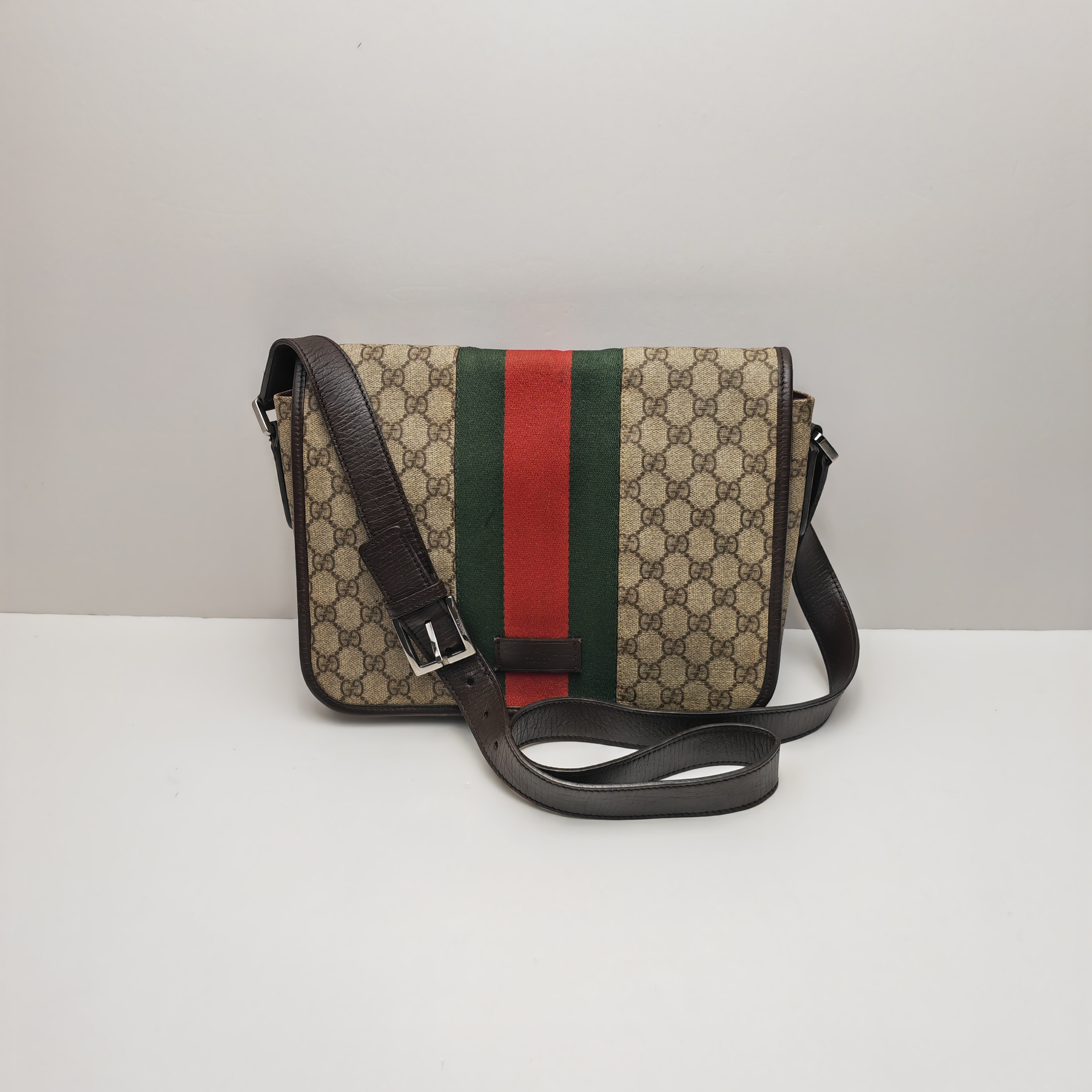 95新 GUCCI/古驰 0236/老花翻盖红绿条纹单肩/斜挎包/