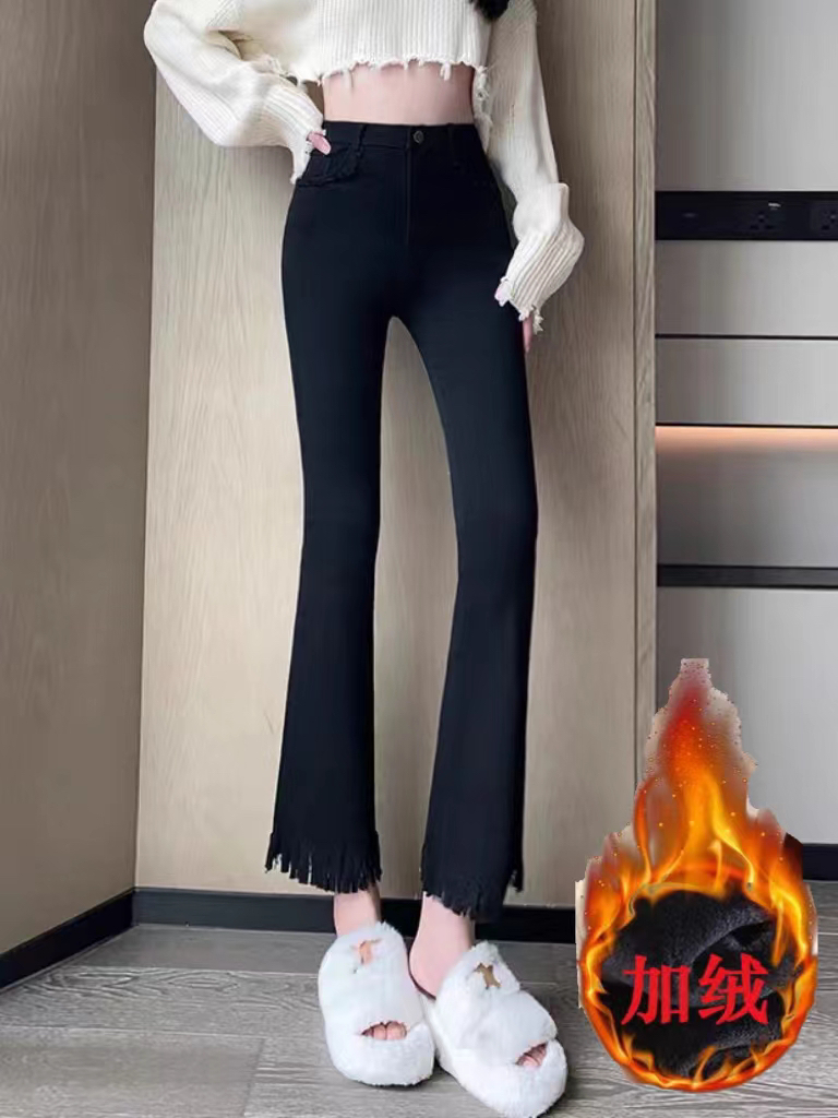 加绒微喇叭裤小个子女修身显瘦黑色保暖流苏裤子冬新款
