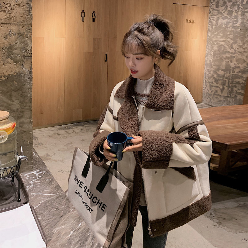 皮毛一体加厚羊羔毛外套女秋冬2023年新款韩版宽松学生复古机车服