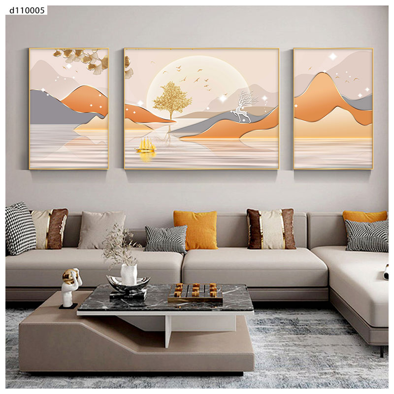 背靠金山客厅沙发背景墙装饰画日照金山现代轻奢高档三联挂画壁画