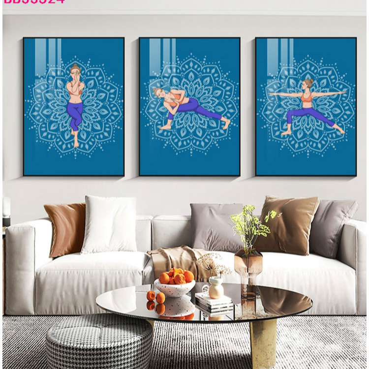 瑜伽墙面装饰画背景墙普拉提健身房体式挂画壁画工装三联画