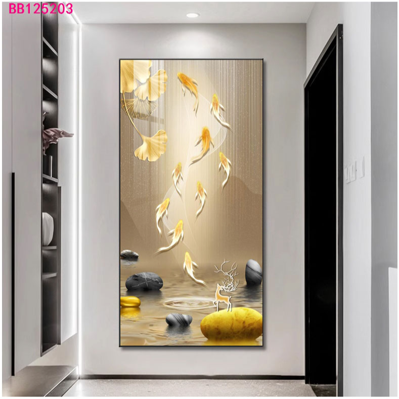 入户玄关装饰画银杏轻奢简约走廊过道挂画竖版大气九鱼高档壁画