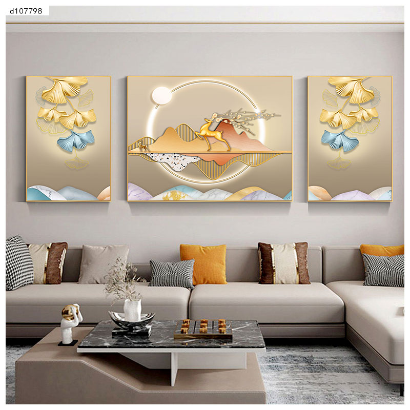 现代简约轻奢客厅三联装饰画沙发上背景墙挂画大气高档橘橙色壁画