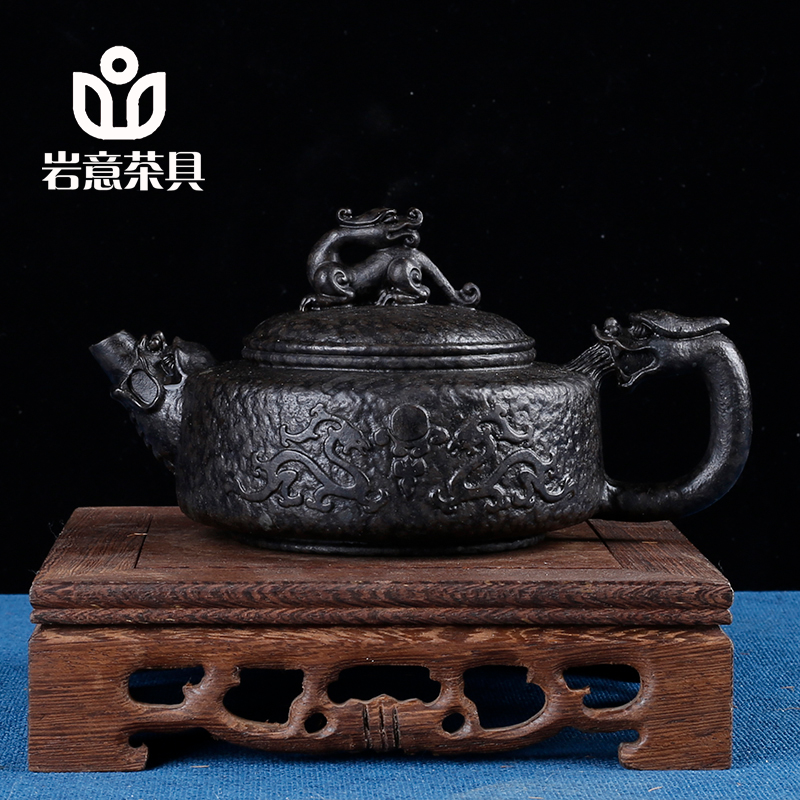 岩意茶具天然冰碛岩石头泡茶壶家用纯全手工雕刻庄清森大师龙尊壶