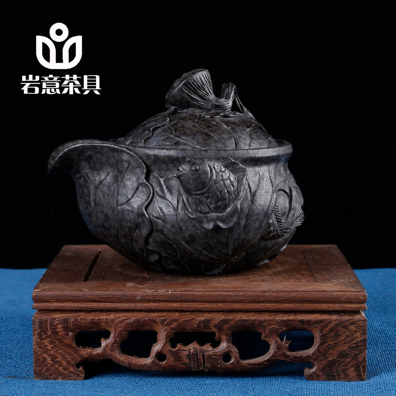岩意家具冰碛岩石头泡茶壶家用养生纯手工高档复古鱼戏莲蓬宝瓶壶