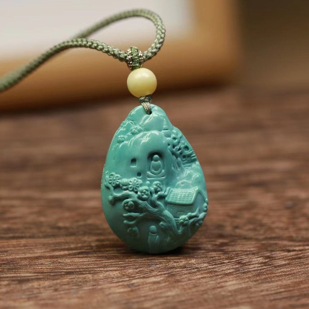 31+绿松石花开见佛吊坠原矿瓷釉级蓝料精雕国风颈饰单品