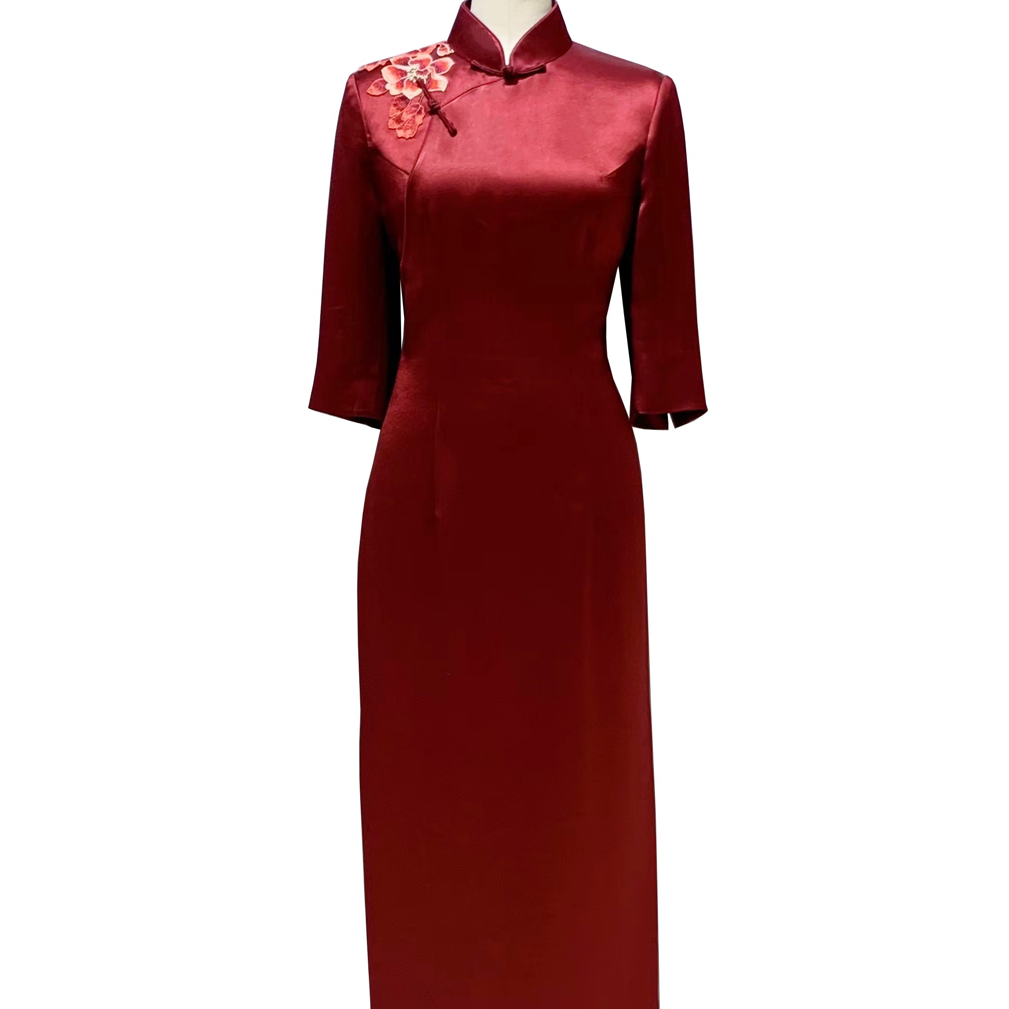原创喜妈酒红色偏开襟长款中袖修身牡丹刺绣旗袍定制款1002
