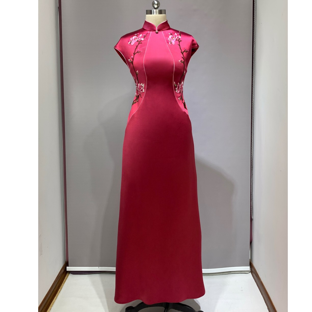 原创喜妈妈醋酸胭脂紫色古法连肩袖中式领无袖A型裙定制款