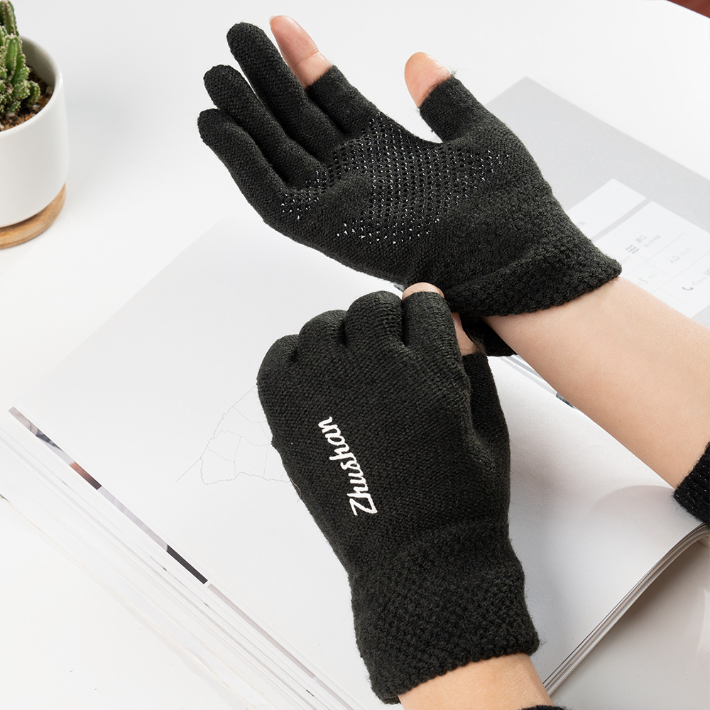 手套冬男女保暖露二指触屏防滑点胶学生写字开车骑行针织毛线手套