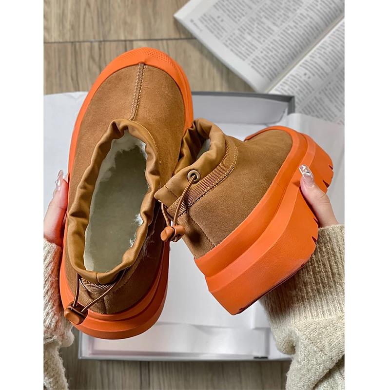 2024真皮时尚新款雪地靴防滑百搭休闲面包鞋增高厚底一脚蹬毛毛鞋