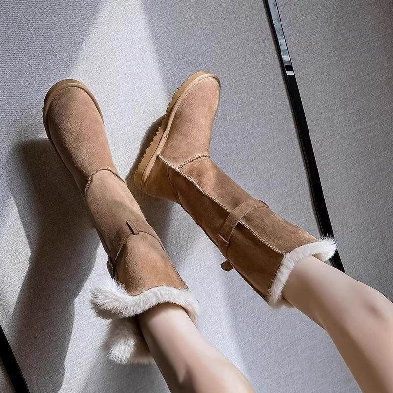 网红秋冬新款女神皮扣两穿真皮毛一体雪地靴高帮加绒加厚保暖棉靴