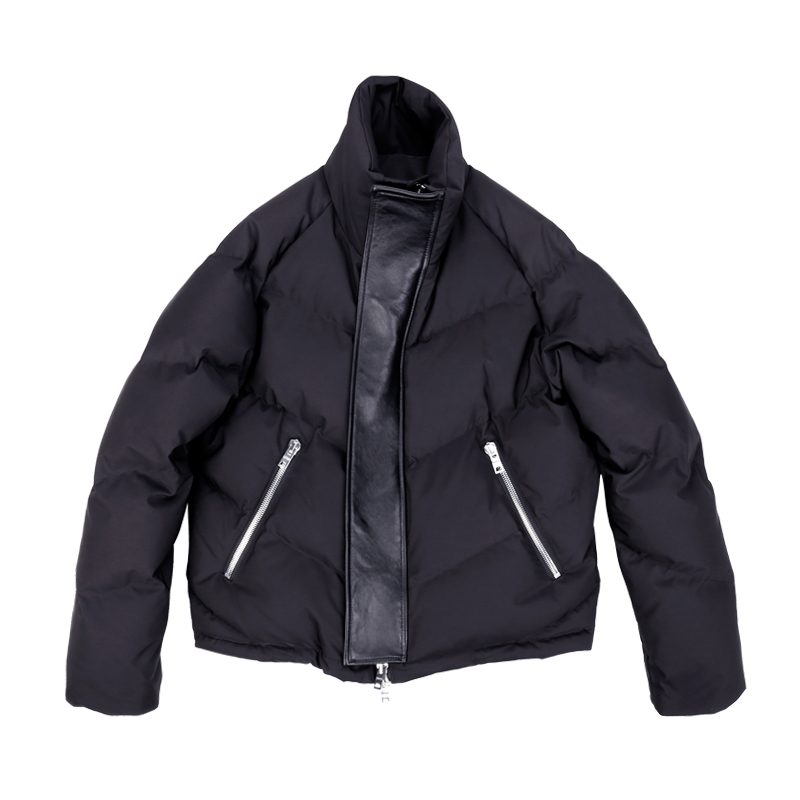 设计师冬白鹅绒短款羽绒服男拉链拼羊 皮厚外套夹克