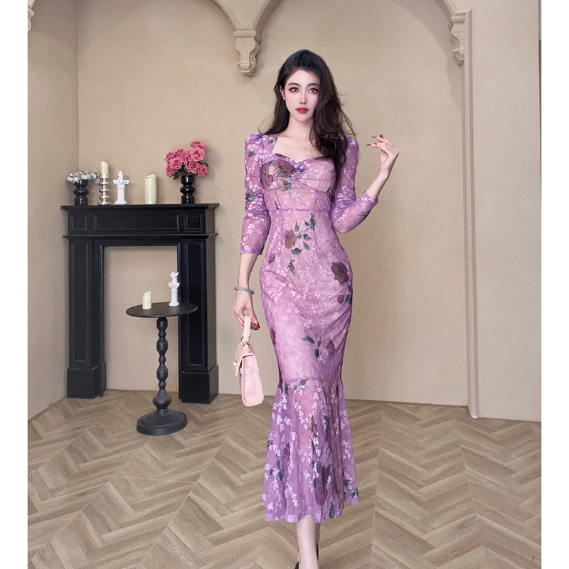 【设计师定制】新款法式气质复古碎花性感修身包臀鱼尾连衣裙20808