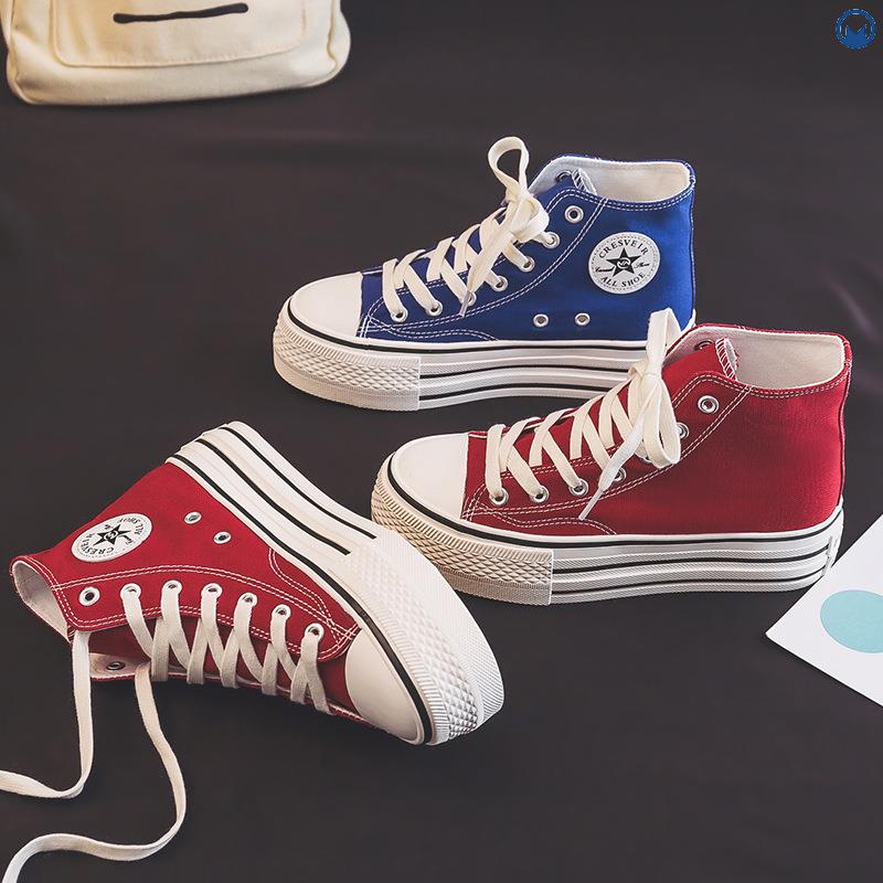 高帮帆布鞋女2023秋冬厚底加绒加厚克莱因蓝红色ins潮