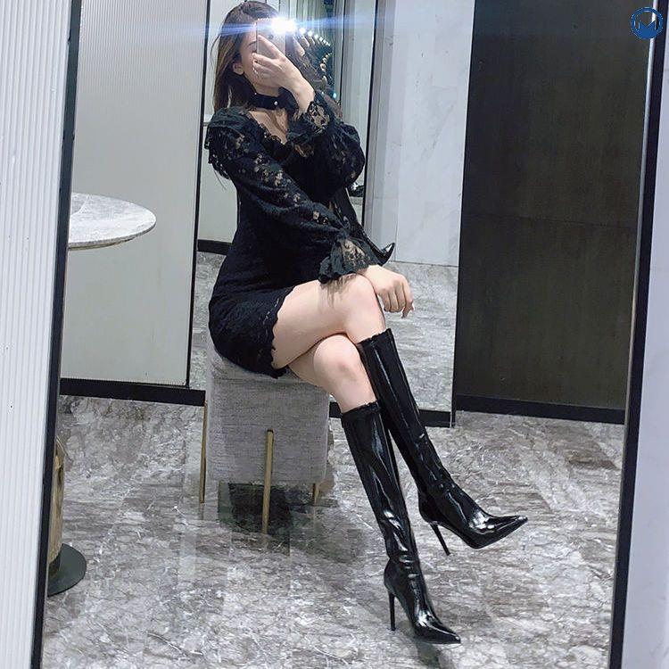 高筒漆皮长靴女秋冬高跟鞋细跟中筒靴子尖头瘦瘦长筒靴