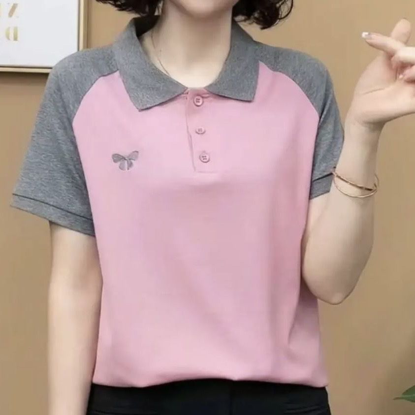 浪莎正品拼色POLO衫短袖T恤女夏季时尚拼接减龄洋气显瘦上棉正品