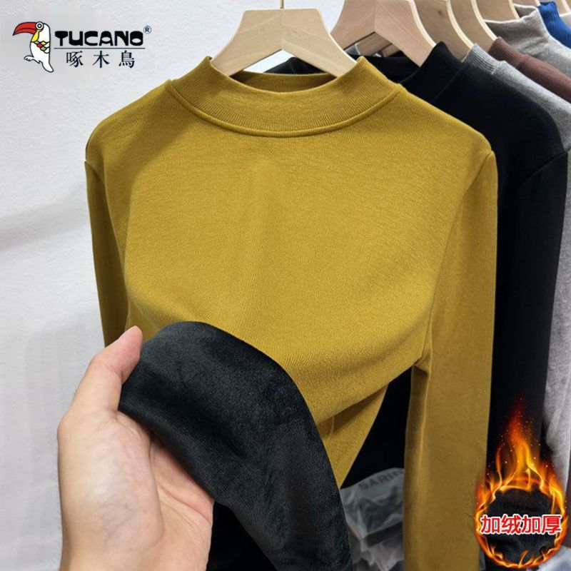 啄木鸟气质百搭打底衫秋冬新款女装保暖长袖内搭加绒加厚螺纹上衣