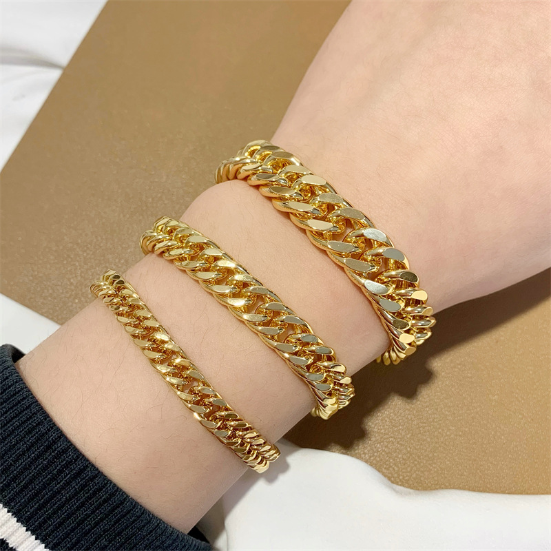 铜合金手链 型男款宽款双扣福字扁链子金色男士欧美古巴链手饰品