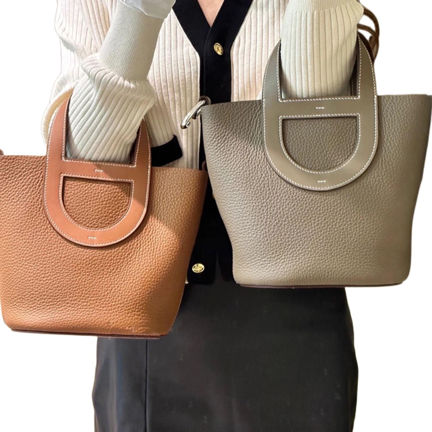 头层牛皮手提包时尚小菜篮子包包荔枝纹大容量单肩斜挎包女水桶包