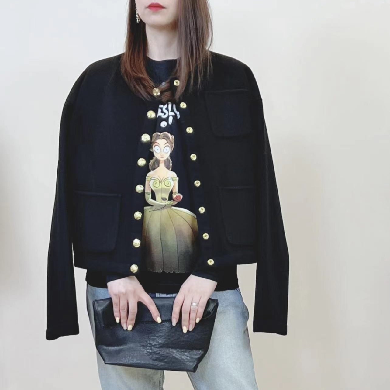 2025大牌款秋冬款高支绵羊毛黑色小金扣短款大衣