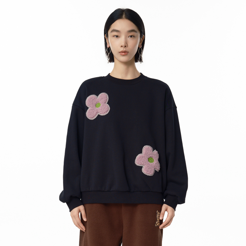 MOVEUP幻走2024冬季新款.FUN 加绒立体花朵绣花短款卫衣324410528