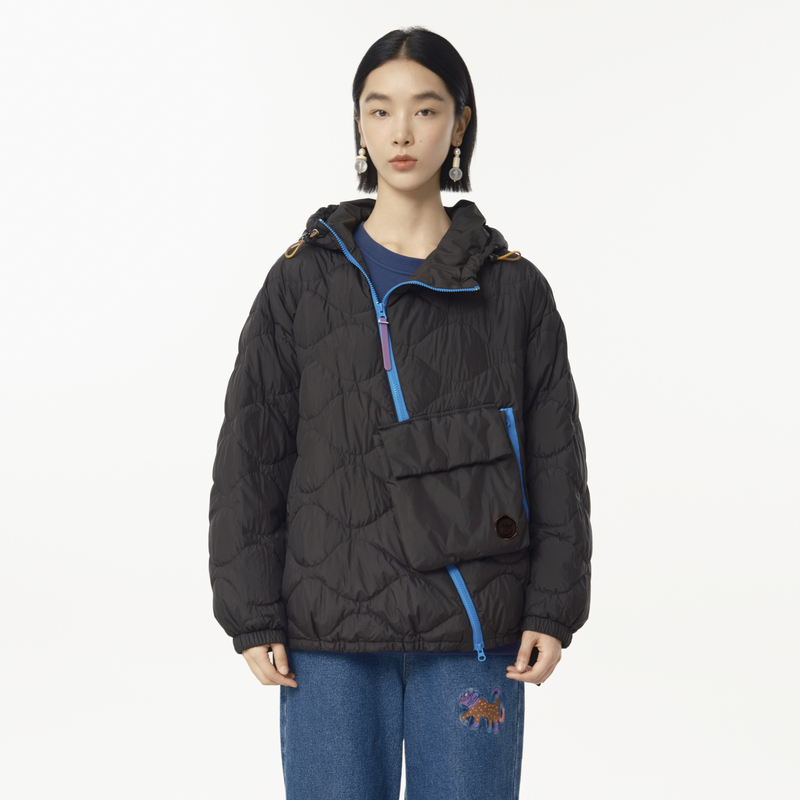 MOVEUP幻走2024冬新款.FUN 撞色斜拉链口袋中长款羽绒服324421211