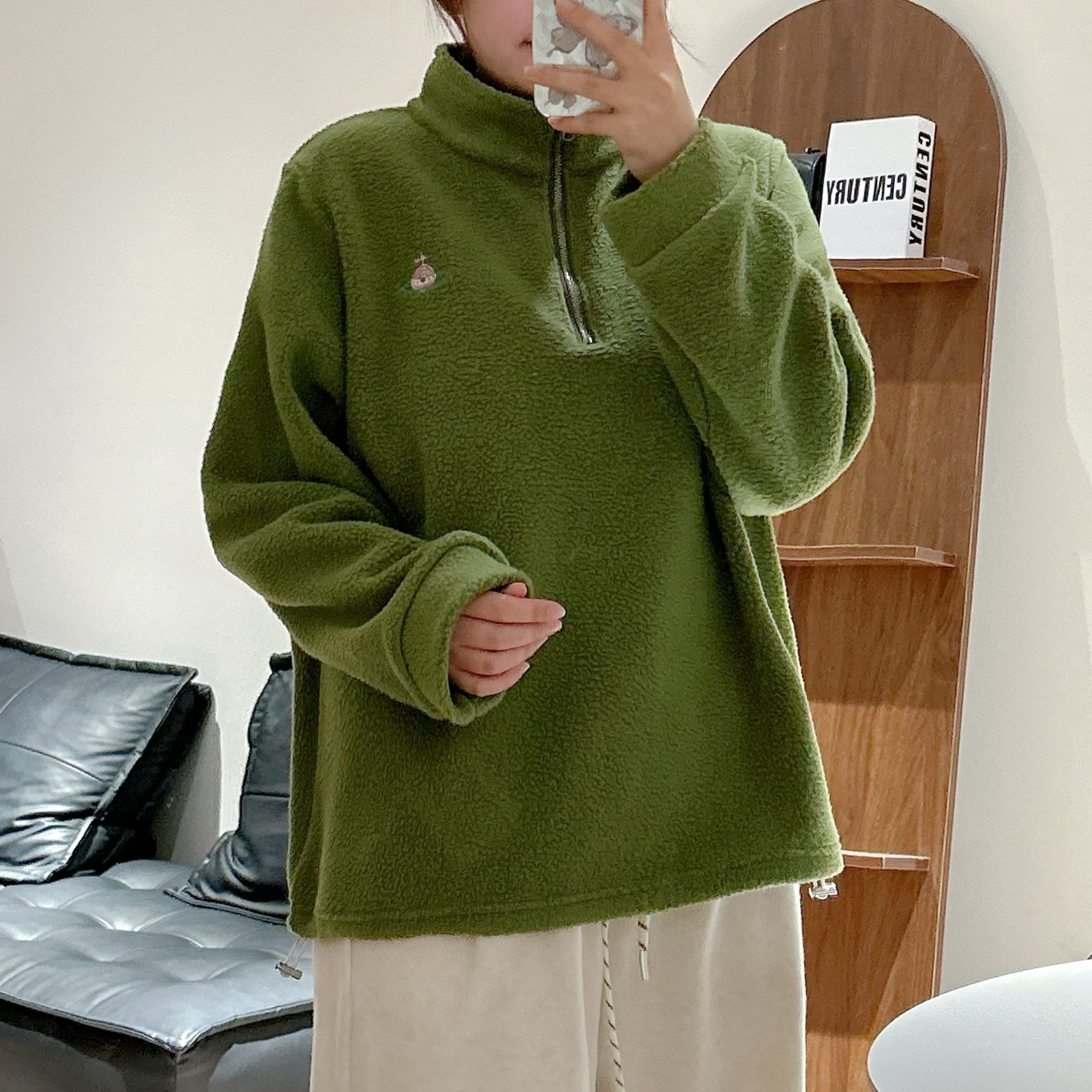 【咔咔】大码秋冬飞船休闲加厚卫衣半拉链宽松抽绳套头上衣K0175