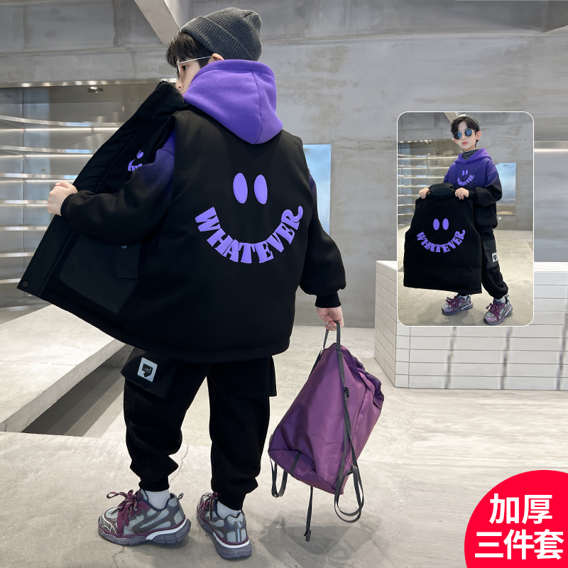 男童加绒套装新款冬装加厚冬款卫衣三件套冬装潮【奇斯熊】C3283