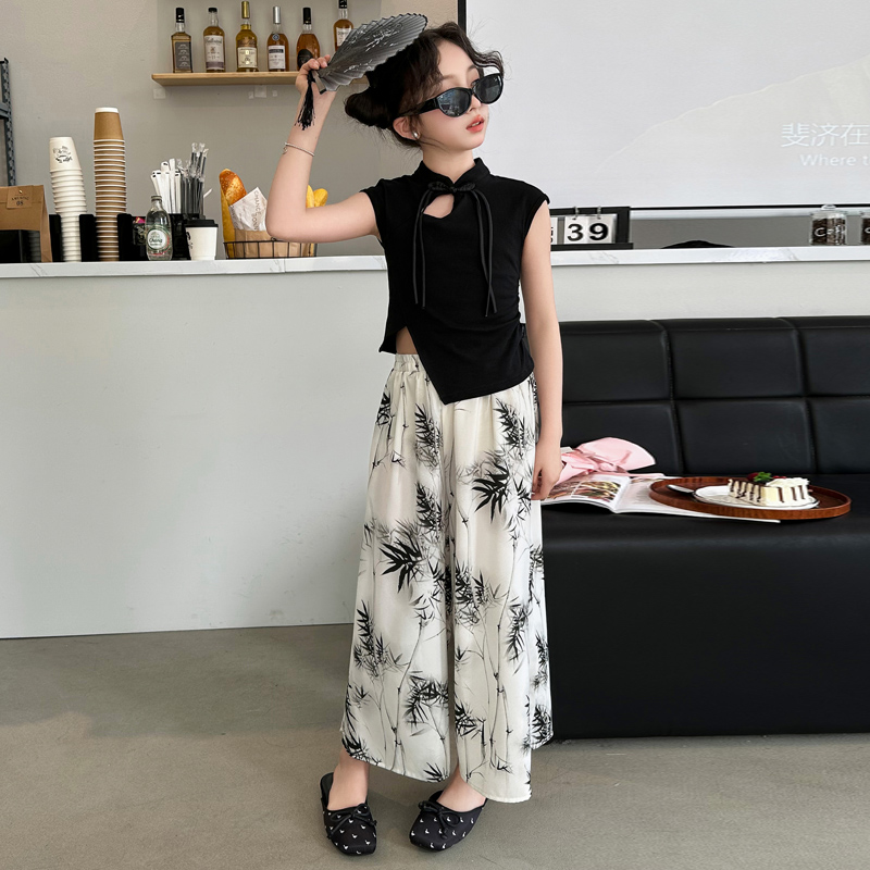女童套装夏季2024新款儿童中式盘扣不规则短袖国风薄款阔腿防蚊裤