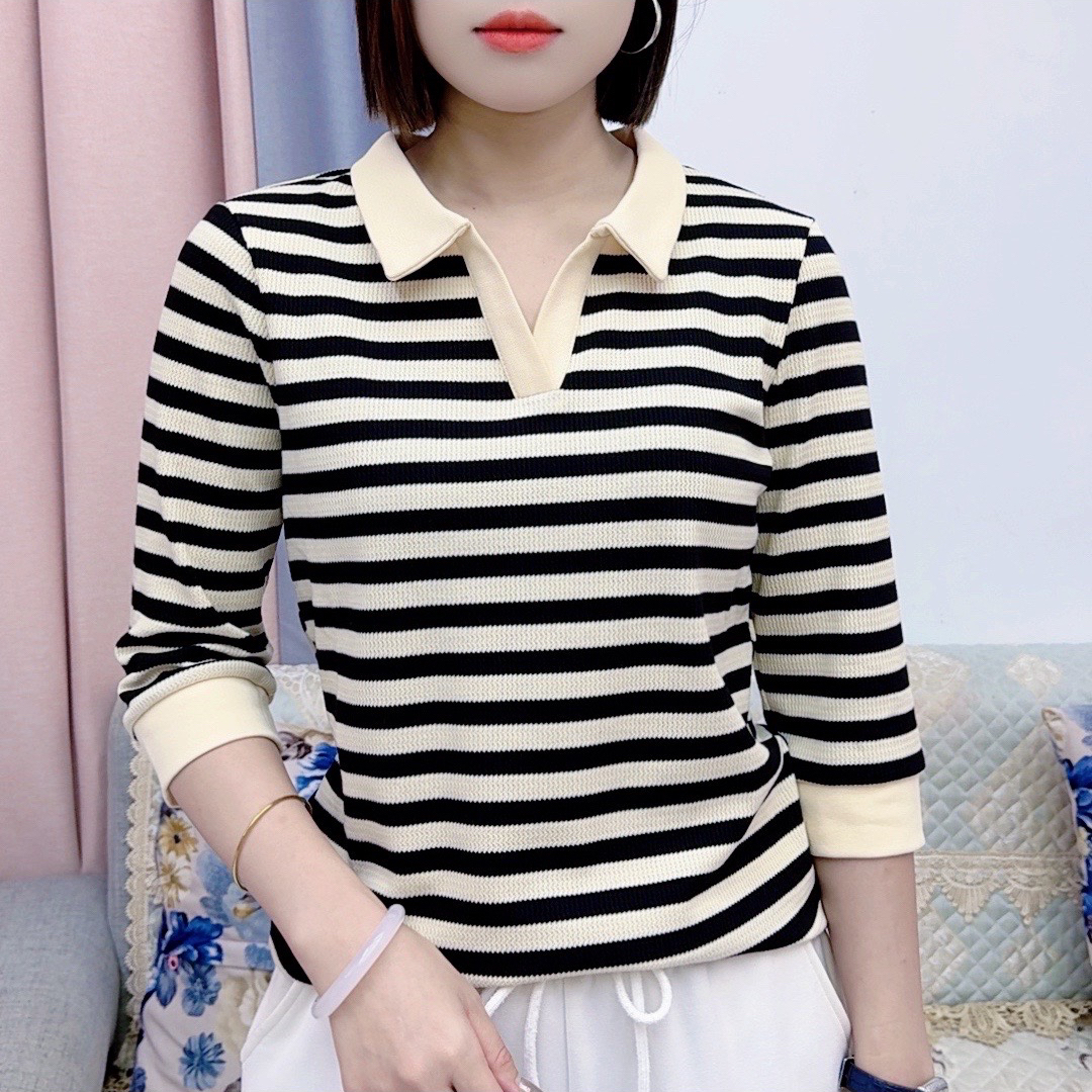 华夫格polo衫翻领中袖七分袖上衣女