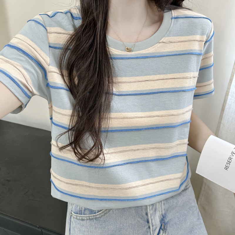 纯棉提花小清新减龄撞色条纹圆领夏季短袖T恤百搭