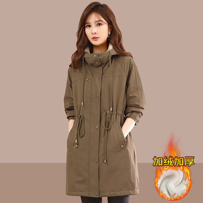 米诺狄加绒加厚外套女2023秋冬季新款中长款收腰显瘦连帽棉衣棉服