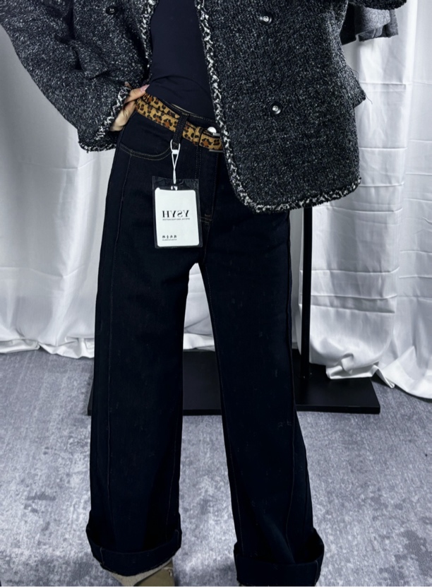 阔腿牛仔裤秋冬抓绒显瘦直筒