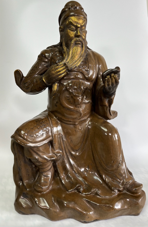 福建窑麒麟鎏金关公像摆件描金武财神关羽家用雕塑手工工艺品陶瓷