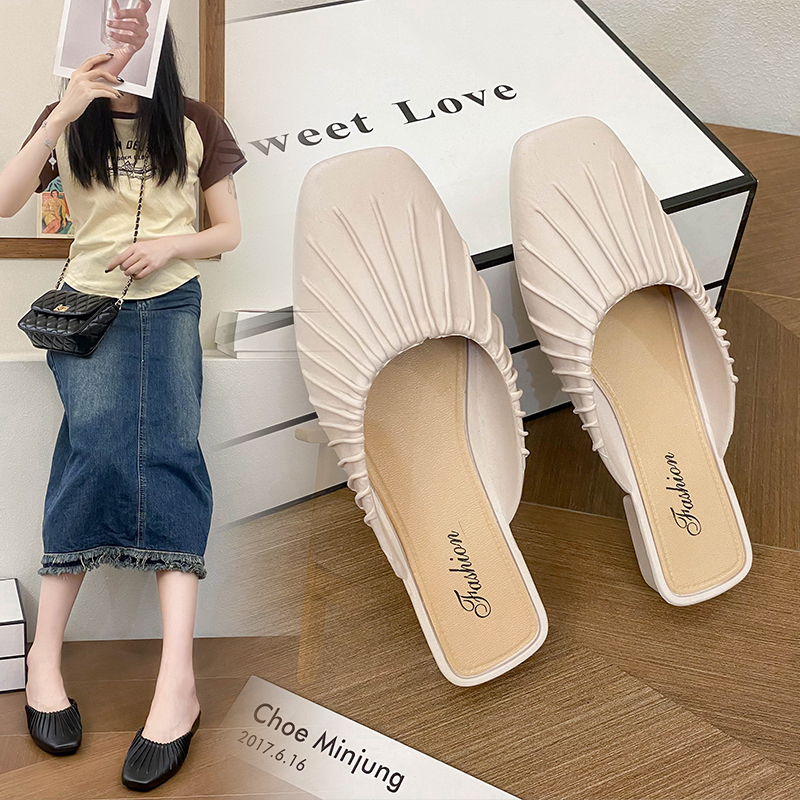 秋季时尚爆款半拖鞋平底方头软底凉拖韩版百搭懒人半包头外穿拖鞋