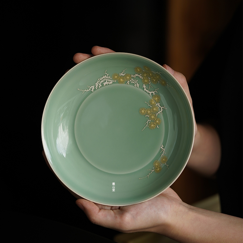 震山堂手工薄胎纯手绘金银彩松针壶承盘陶瓷干泡盘泡台圆形轻奢