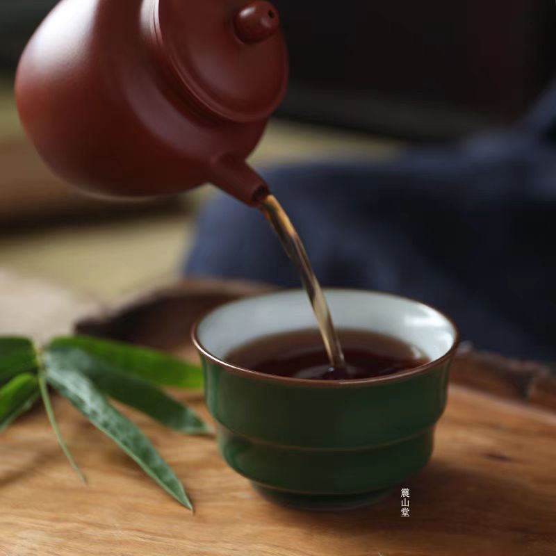 当代 震山堂茶杯主人杯景德镇绿釉竹节杯开片可养茶杯精致功夫茶