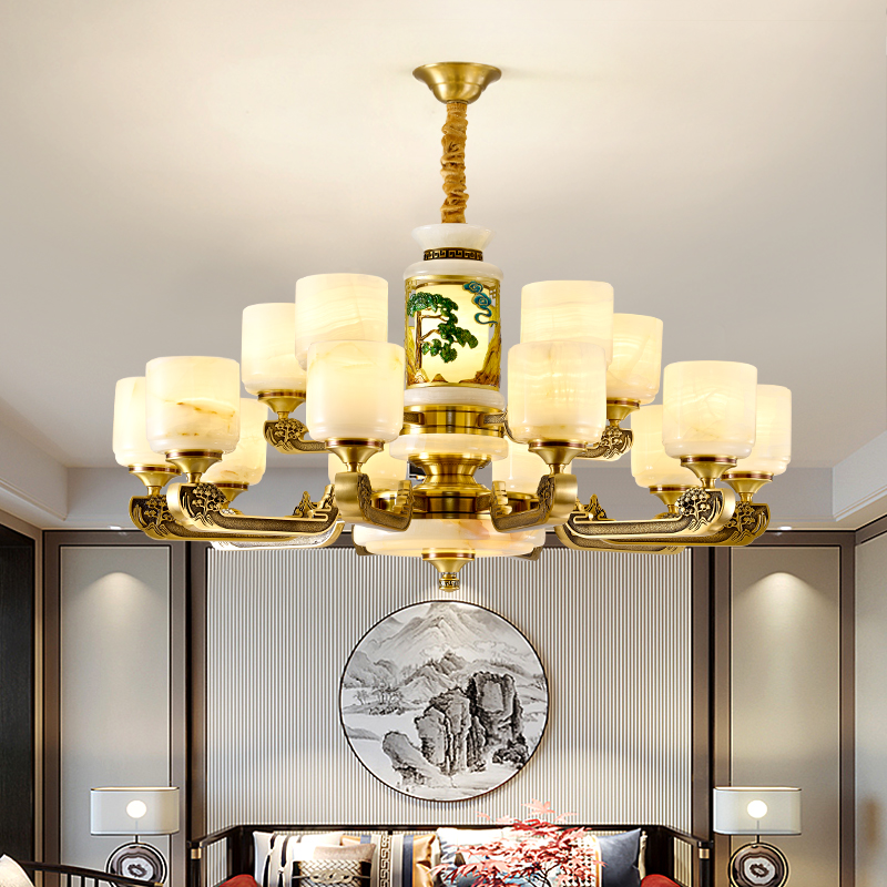 岁寒松柏新中式吊灯全铜客厅吊灯餐厅吊灯别墅大气全铜玉石大吊灯