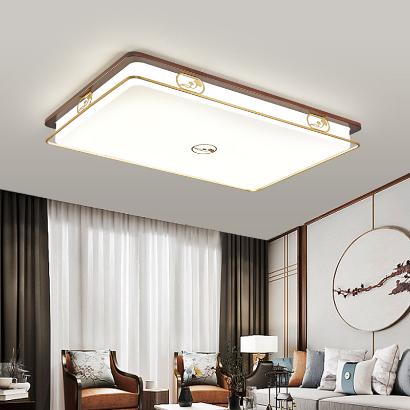 新中式实木吸顶灯全光谱三色护眼卧室吸顶灯铜雕禅意客厅吸顶灯具