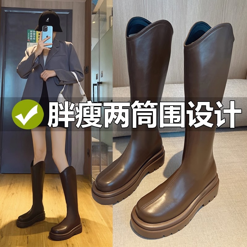 啄木鸟长靴女2024秋冬英伦风不过膝高筒骑士靴小个子加绒长筒靴