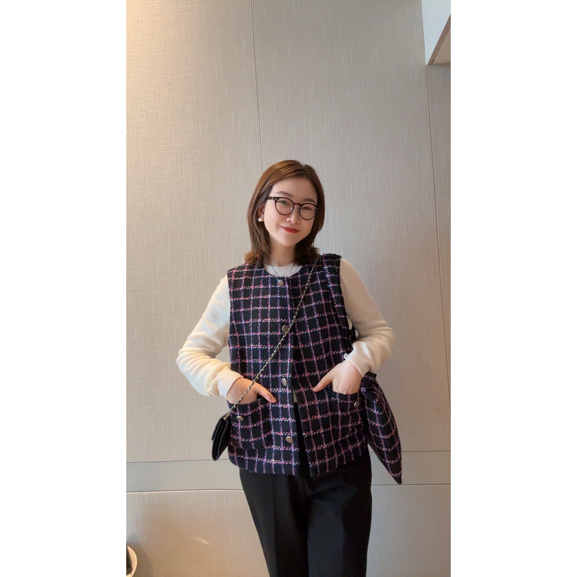 072 & RICE【罗马假日马甲】春季休闲格纹单排扣无袖马甲 31XB48Z*