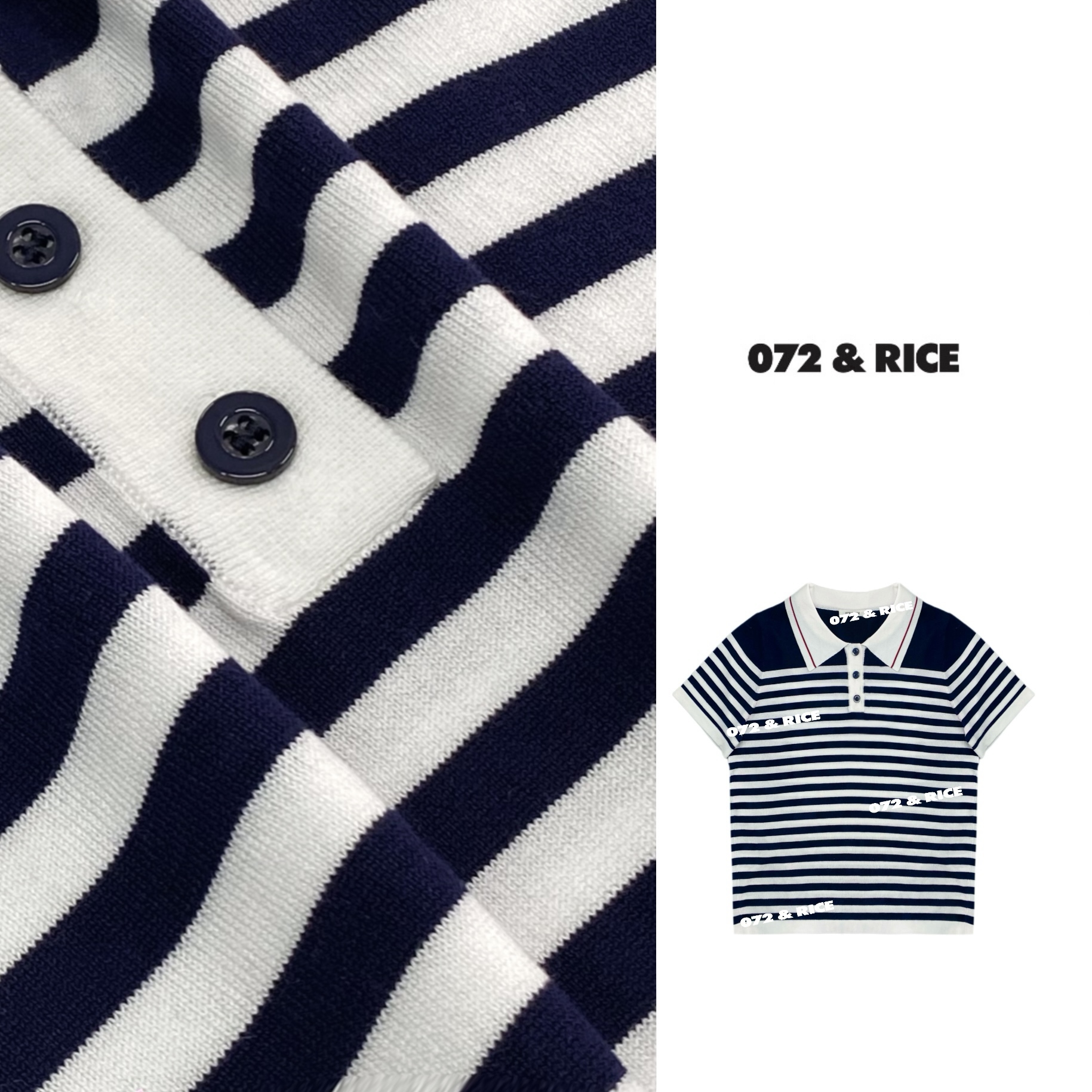 072 & RICE【斯坦福】 春夏翻领条纹短袖针织衫 24SJ52 FF