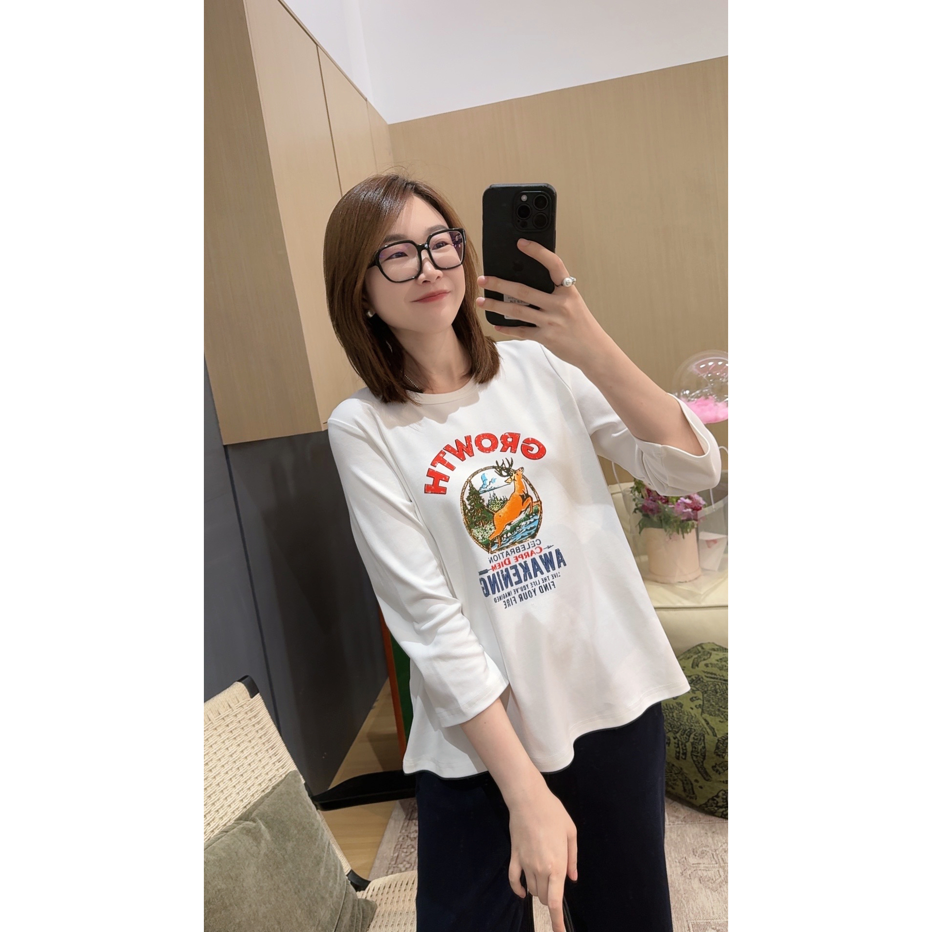 072 & RICE【一鹿有你】春季休闲圆领七分袖T恤 31NB233Z*