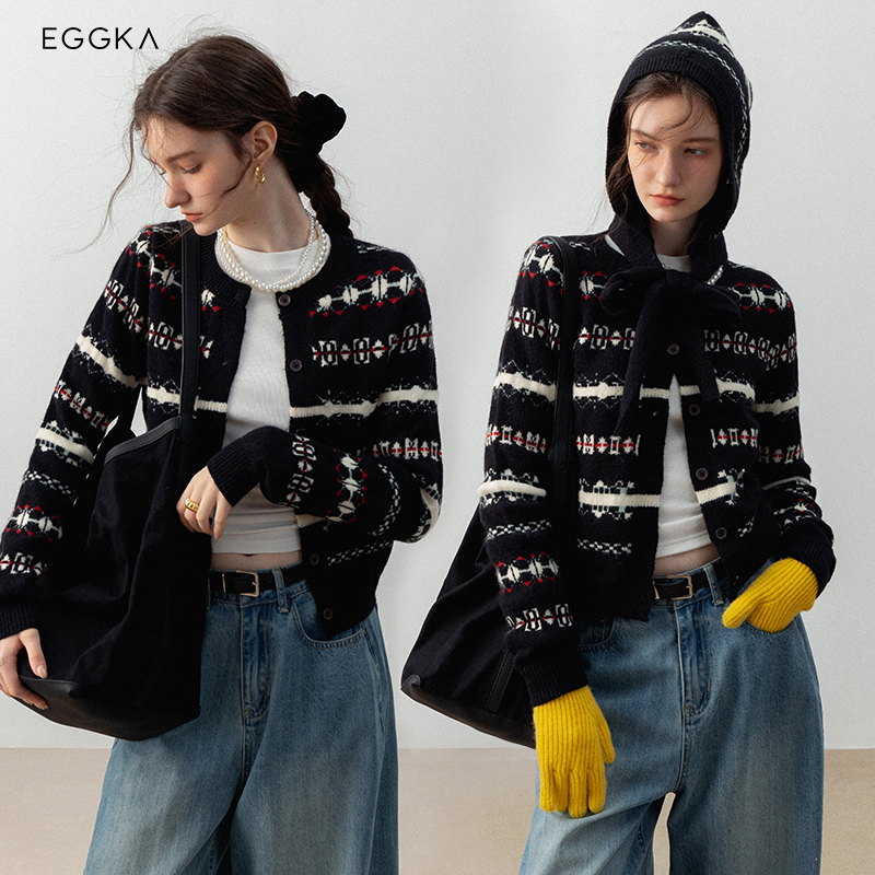 EGGKA【现现】复古提花毛衣长袖女开衫配围脖帽子E24A8104jy