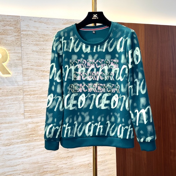 断码孤品A34【湖绿手写体英文圆领卫衣】烫钻套头卫衣外套女士上衣