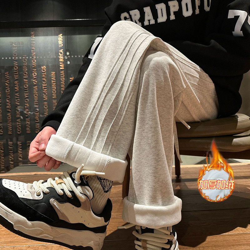 RJKK重磅加绒休闲裤男秋冬美式条纹阔腿裤子青少年垂感运动卫裤潮