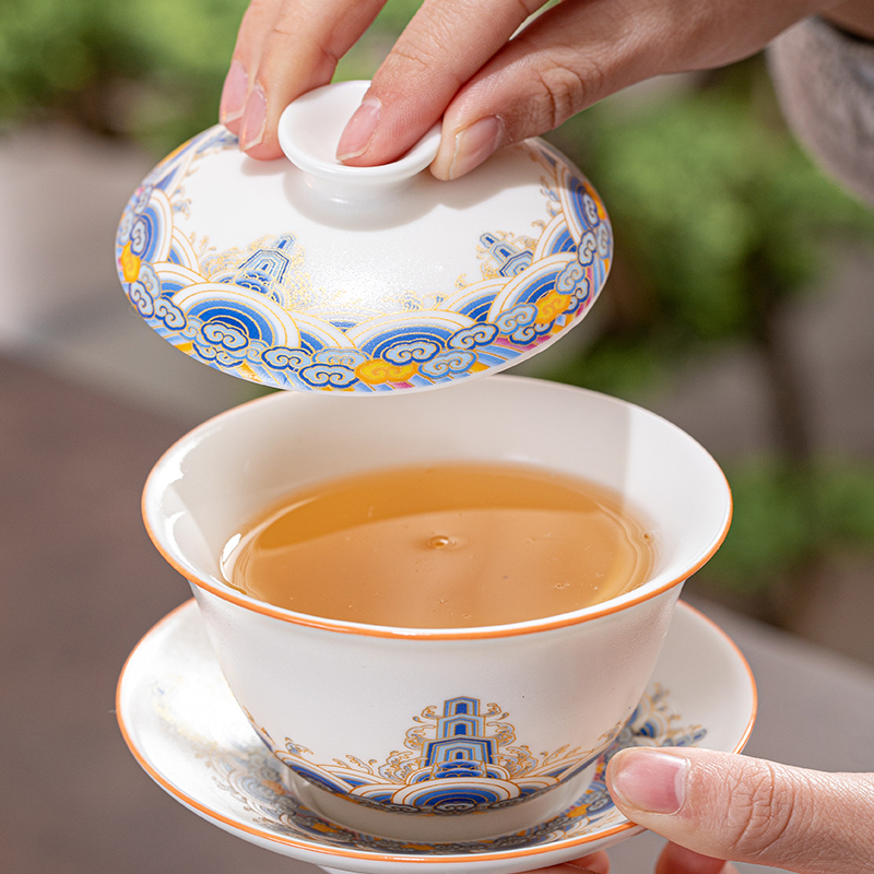 盏旺盖碗茶杯茶碗大号茶具泡茶杯喝茶碗青花瓷功夫陶瓷三才碗白瓷