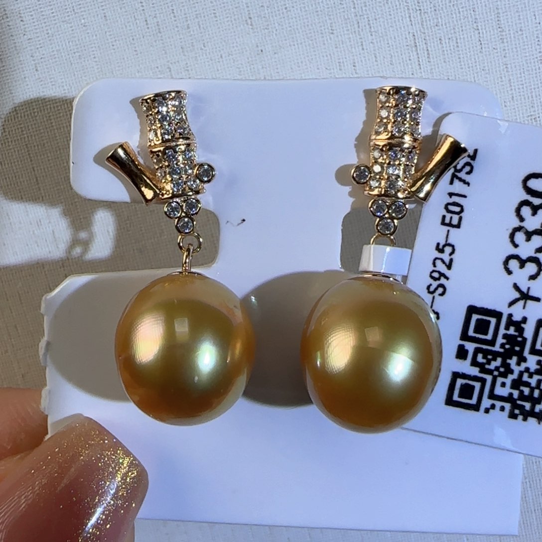 海水珍珠耳饰银S925镶嵌茶金色10-11