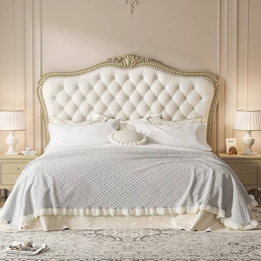 实木床现代简约真皮床法式奶油风主卧双人床储物高箱大床婚床