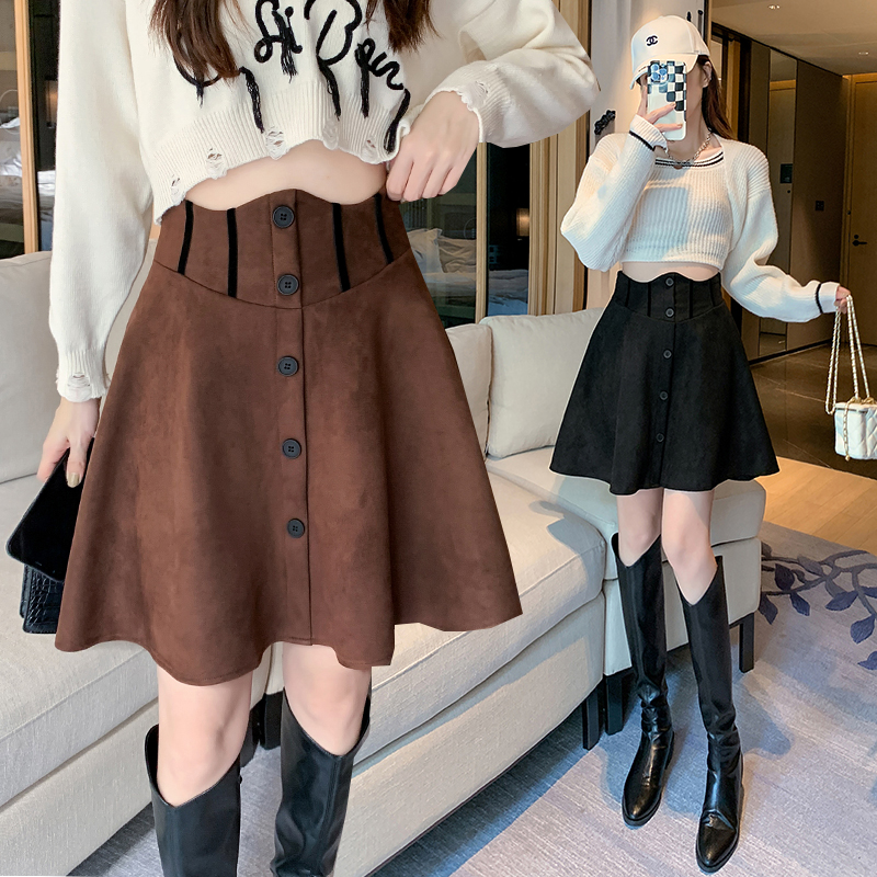 鹿皮绒半身裙女大码设计感鱼骨蓬蓬百褶裙秋冬高腰a字大摆短裙潮